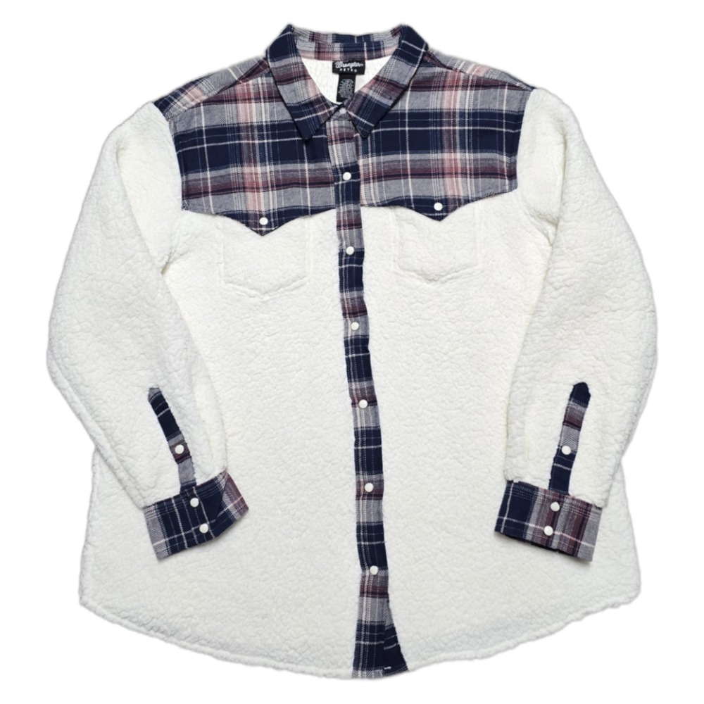 Wrangler Retro Western Plaid Sherpa Shacket Jacket Womens XL White Pearl Snap
